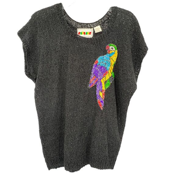 Vintage Sweaters - Vintage Thumsup Rayon Blend Black Sweater Sequin Parrot Medium